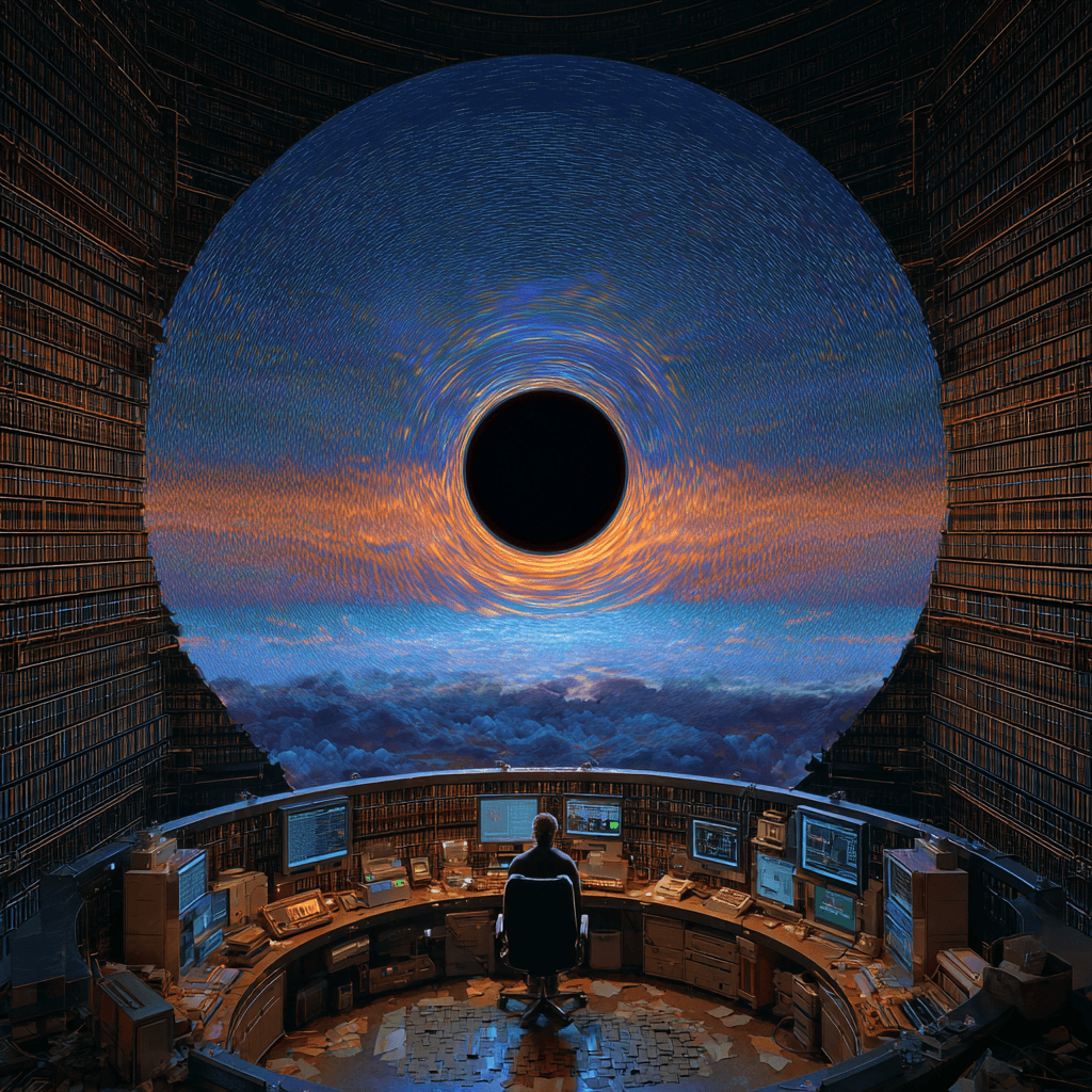 Solitary researcher in a circular book-filled library