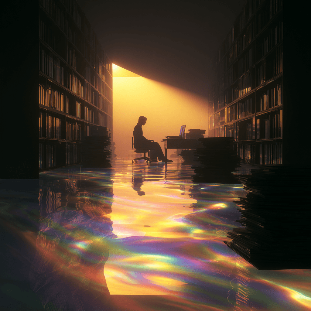 Surreal cyber-library at sunset blending analog and digital