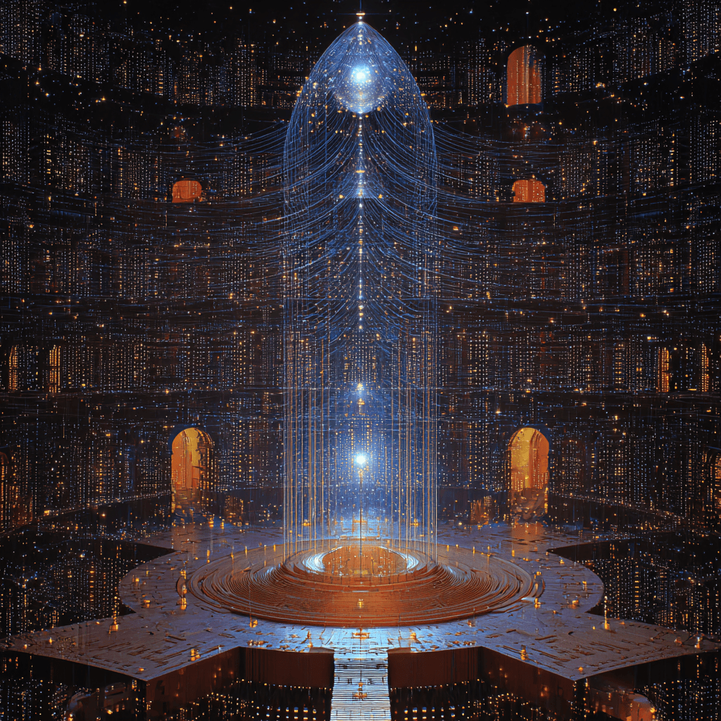 Intricate cross-section view of a futuristic data center