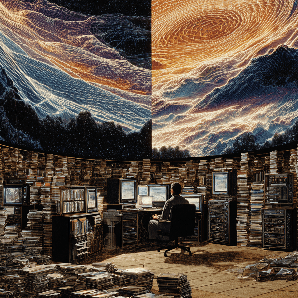 Researcher in a dimly lit futuristic data center